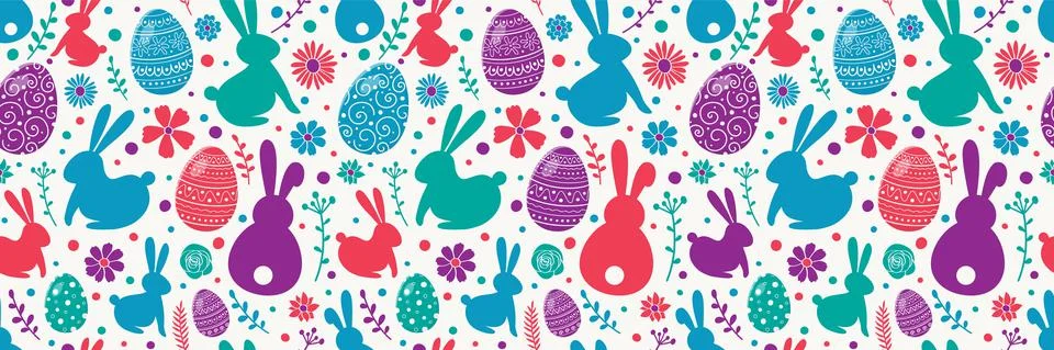 Seamless pattern with eggs, bunnies and flowers. Easter background. Banner. V 스톡 일러스트