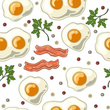 Seamless pattern with eggs with fried bacon, papper and cilantro. Breakfast wall Stock Illustration