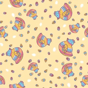 Seamless pattern with eggs hen. Hand drawn chicken. Happy Easter background.  Stock Illustration