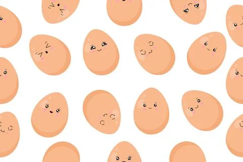 Seamless pattern of eggs in kawaii style. Eggs with funny faces. Vector Stock Illustration