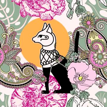 Seamless pattern with egyptian cat bastet, realistic and decorat Illustrazione stock