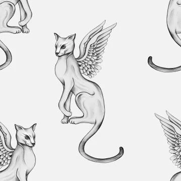 Seamless pattern of Egyptian cat on white background. Stock Illustration