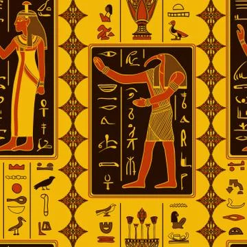 Seamless pattern with egyptian gods and ancient egyptian hieroglyphs. Stock Illustration