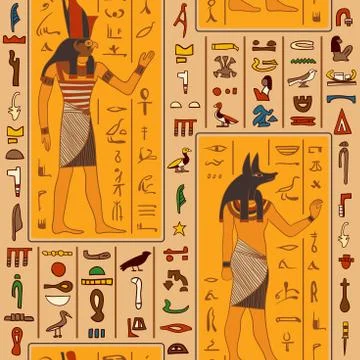 Seamless pattern with egyptian gods and ancient egyptian hieroglyphs Stock Illustration