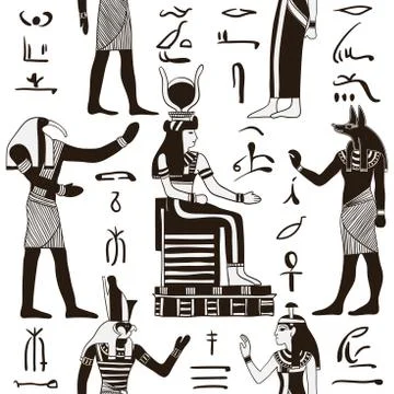 Seamless pattern with egyptian gods and ancient egyptian hieroglyphs Stock Illustration