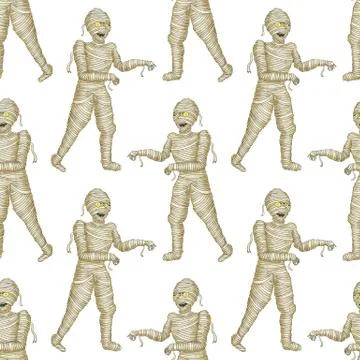 Seamless pattern Egyptian mummy Boy in Halloween mummy costume laughing scarring Stock Illustration