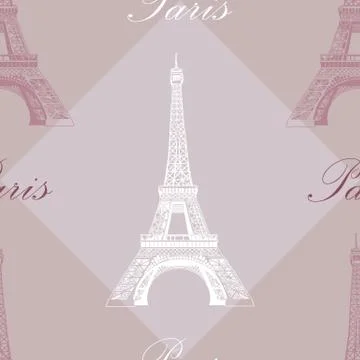 Seamless pattern with Eiffel tower on grey and purple background Stock Illustration