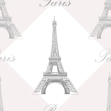 Seamless pattern with Eiffel tower on grey and white background Stock Illustration