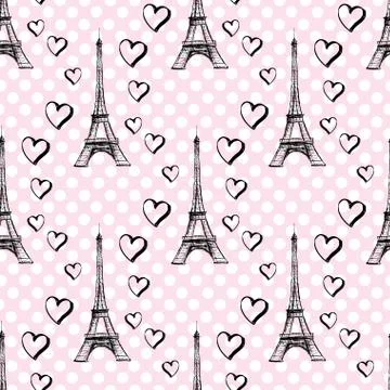 Seamless pattern Eiffel Tower with hearts 스톡 일러스트