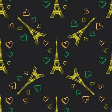 Seamless pattern Eiffel Tower with hearts Stock Illustration