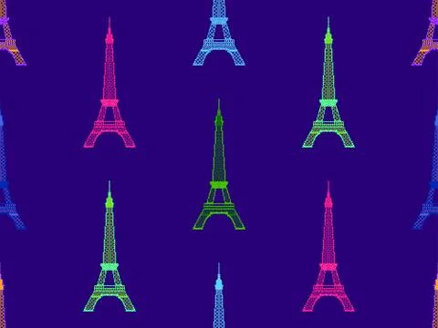 Seamless pattern with Eiffel tower in pixel art style. Set of 8-bit Eiffel .. Stock Illustration