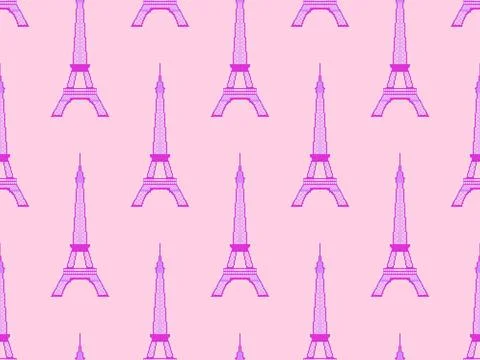 Seamless pattern with Eiffel tower in pixel art style. Set of 8-bit Eiffel .. Stock Illustration