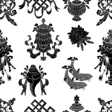 Seamless pattern with eight black auspicious symbols of Buddhism Stock Illustration