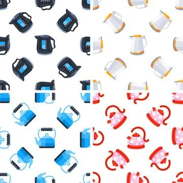 Seamless pattern with electric and classic kettles showing different colors and Stock-Illustration