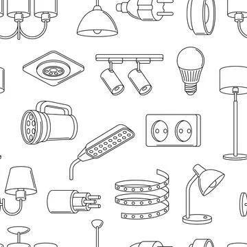 Seamless pattern with electric lightings and lamps. Electrical equipment Stock Illustration