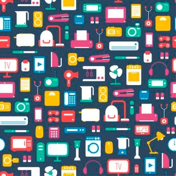 Seamless pattern of electronic devices and home appliances colorful icons set in Stockillustratie