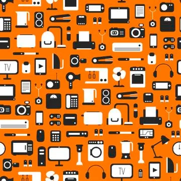 Seamless pattern of electronic devices and home appliances colorful icons set in Stock Illustration