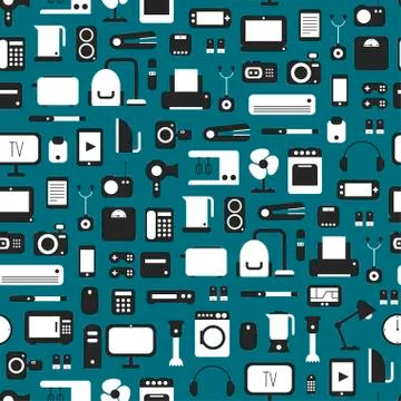 Seamless pattern of electronic devices and home appliances colorful icons set in Stock Illustration