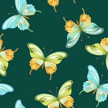 Seamless pattern of elegant beautiful tropical butterflies and plants isolated Stock Illustration