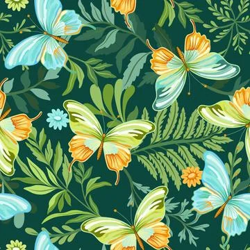 Seamless pattern of elegant beautiful tropical butterflies and plants isolated Stock Illustration