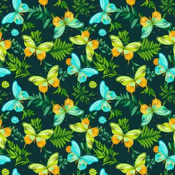 Seamless pattern of elegant beautiful tropical butterflies and plants isolated Stock Illustration