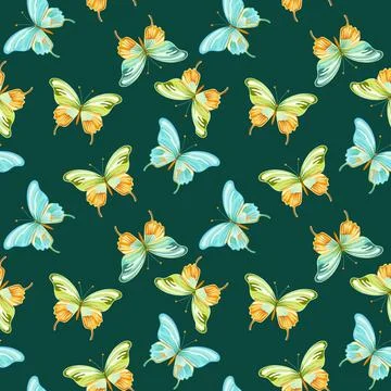 Seamless pattern of elegant beautiful tropical butterflies and plants isolated Stock Illustration