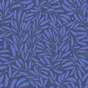 Seamless pattern with elegant blue branch, leaves Stock Illustration
