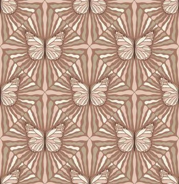 Seamless pattern of elegant butterflies with mocha-toned abstract radiating.. Stock Illustration