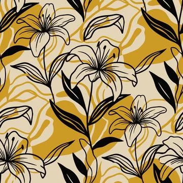 Seamless Pattern with Elegant Lily Flowers and Abstract Organic Shapes. Stock Illustration
