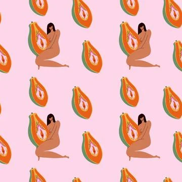 Seamless Pattern with Elegant Nude with Papaya Fruit. Stock Illustration