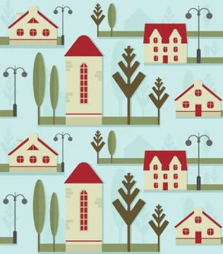 Seamless pattern element. Cute houses with red roofs, street lamps and trees. Stock Illustration
