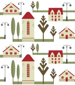 Seamless pattern element of houses with red roofs, street lamps and trees. Stock Illustration