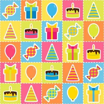 Seamless pattern with elements of birthday party - balloons, cake, gift and.. Stock Illustration