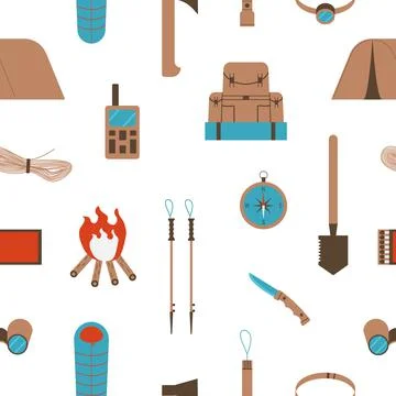 Seamless pattern with elements of camping equipment. Image for application on Illustrazione stock