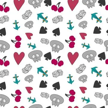 Seamless pattern with elements of cards and fruits Stock Illustration