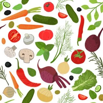 Seamless pattern with elements for cooking.Vegetables whole and in pieces . V Stock Illustration