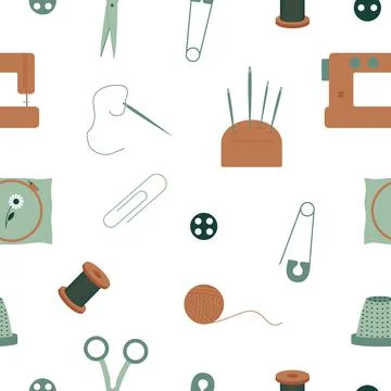Seamless pattern with elements of equipment for crafts, needlework, sewing. Flat Stock Illustration
