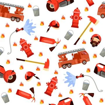 Seamless pattern with elements of firefighting red equipment. Fire truck with Stock Illustration