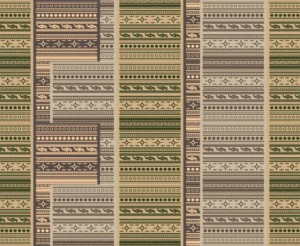 Seamless pattern of elements of green, brown, reminiscent of Old Russian pa.. Stock Illustration