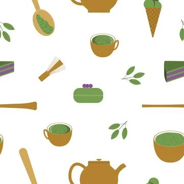 Seamless pattern with elements for making matcha tea and desserts from matcha Stock Illustration