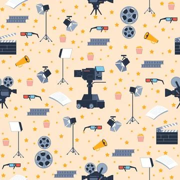 Seamless pattern with elements of movie industry. Filmmaking equipment, cameras 스톡 일러스트
