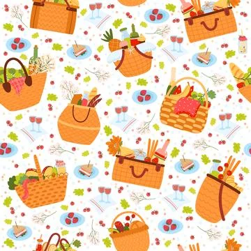 Seamless pattern with elements of outdoor recreation. Baskets with food. Decor 스톡 일러스트