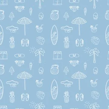 Seamless pattern with elements on the theme of summer holidays. White outline of 스톡 일러스트