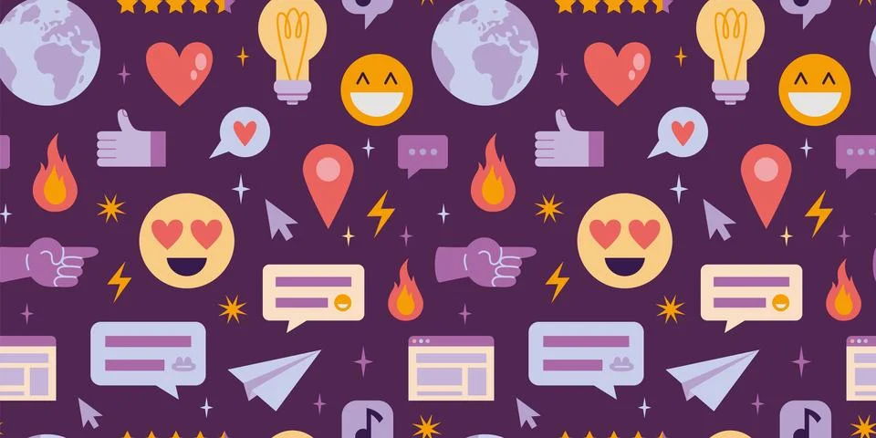 Seamless pattern with elements of web interface, social networks, cartoon sty Stock Illustration