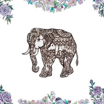 Seamless pattern of an elephant and flower with a bird on a white background. Stock Illustration