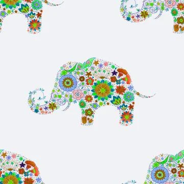 Seamless pattern elephant in beautiful colors on a white background. Stock Illustration