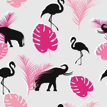 Seamless pattern with elephant, flamingo and tropical plants. Stock Illustration