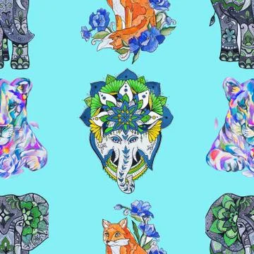 Seamless pattern, elephant, fox and lion on a turquoise background. Stock Illustration