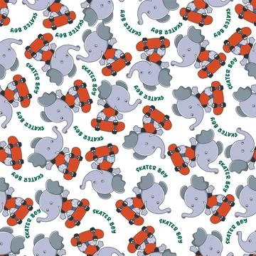 Seamless pattern with elephant on skate board, For fabric textile Stock Illustration