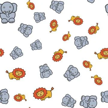 Seamless pattern of elephants and lions in in cartoon style. Illustrazione stock